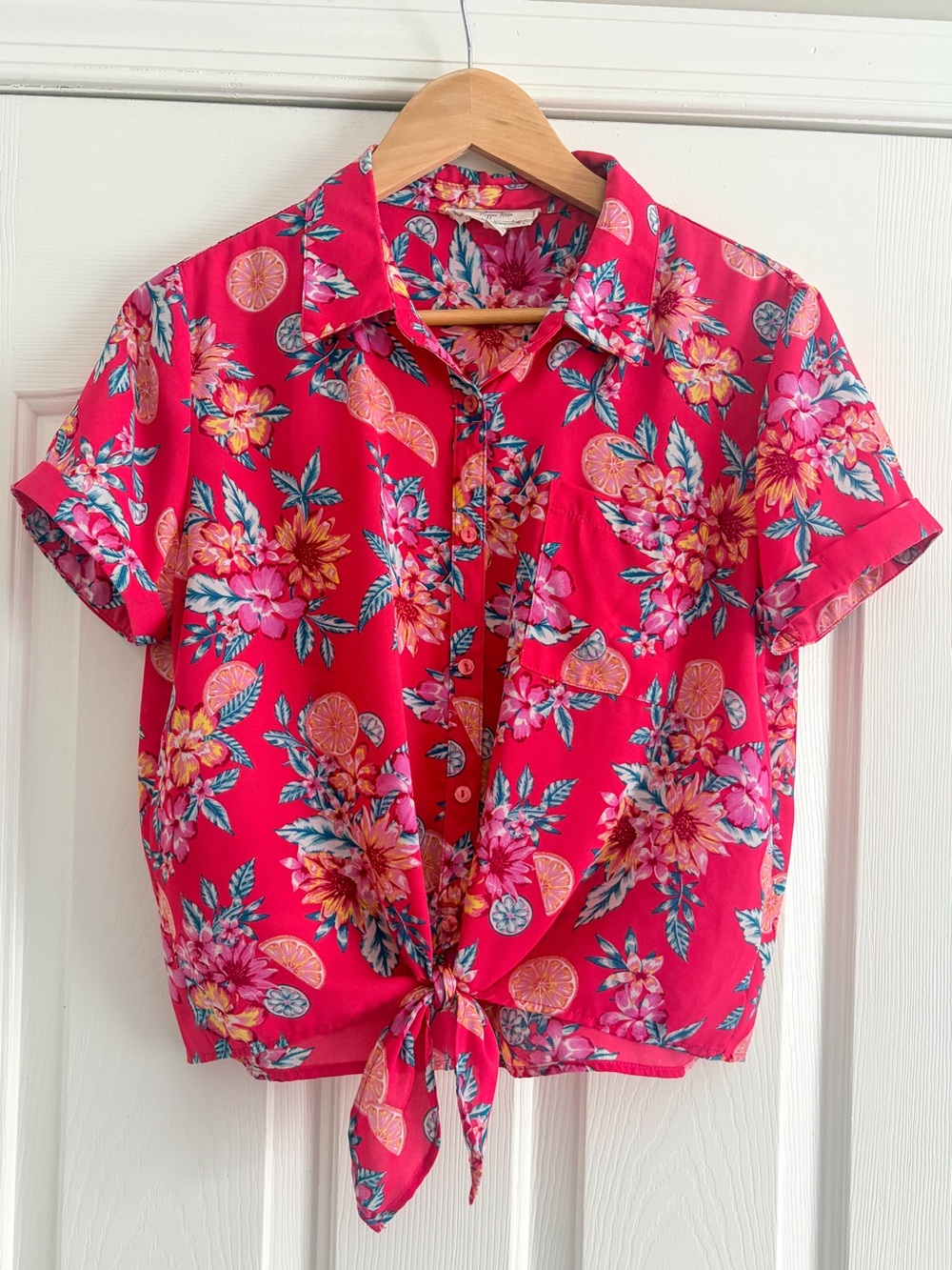 Hippie Rose Pink Floral Citrus Tie Front Button Down Top Size M